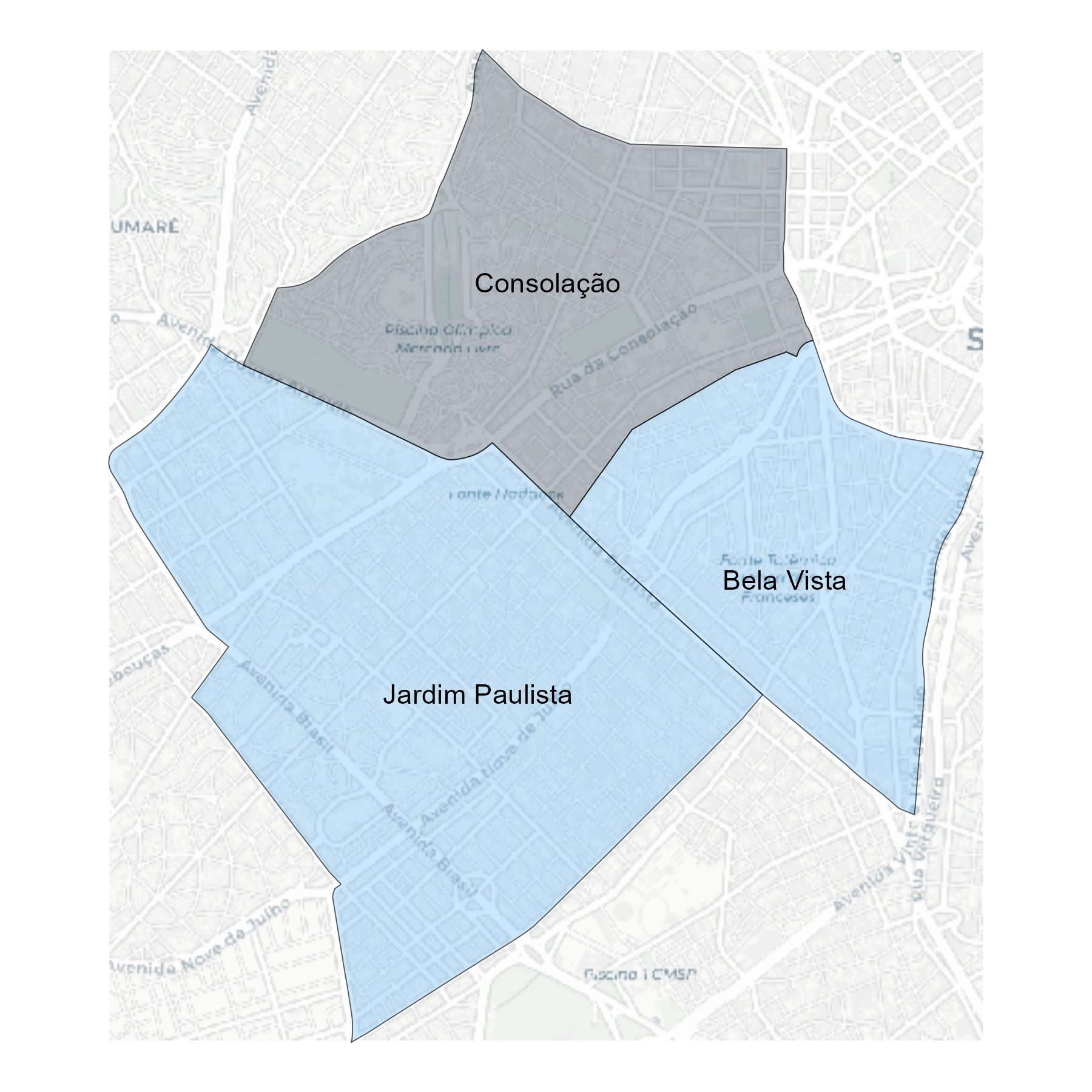 Mapa dos bairros Consolação, Bela Vista e Jardim Paulista na região da Paulista
