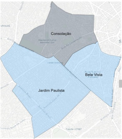 Mapa dos bairros Consolação, Bela Vista e Jardim Paulista na região da Paulista